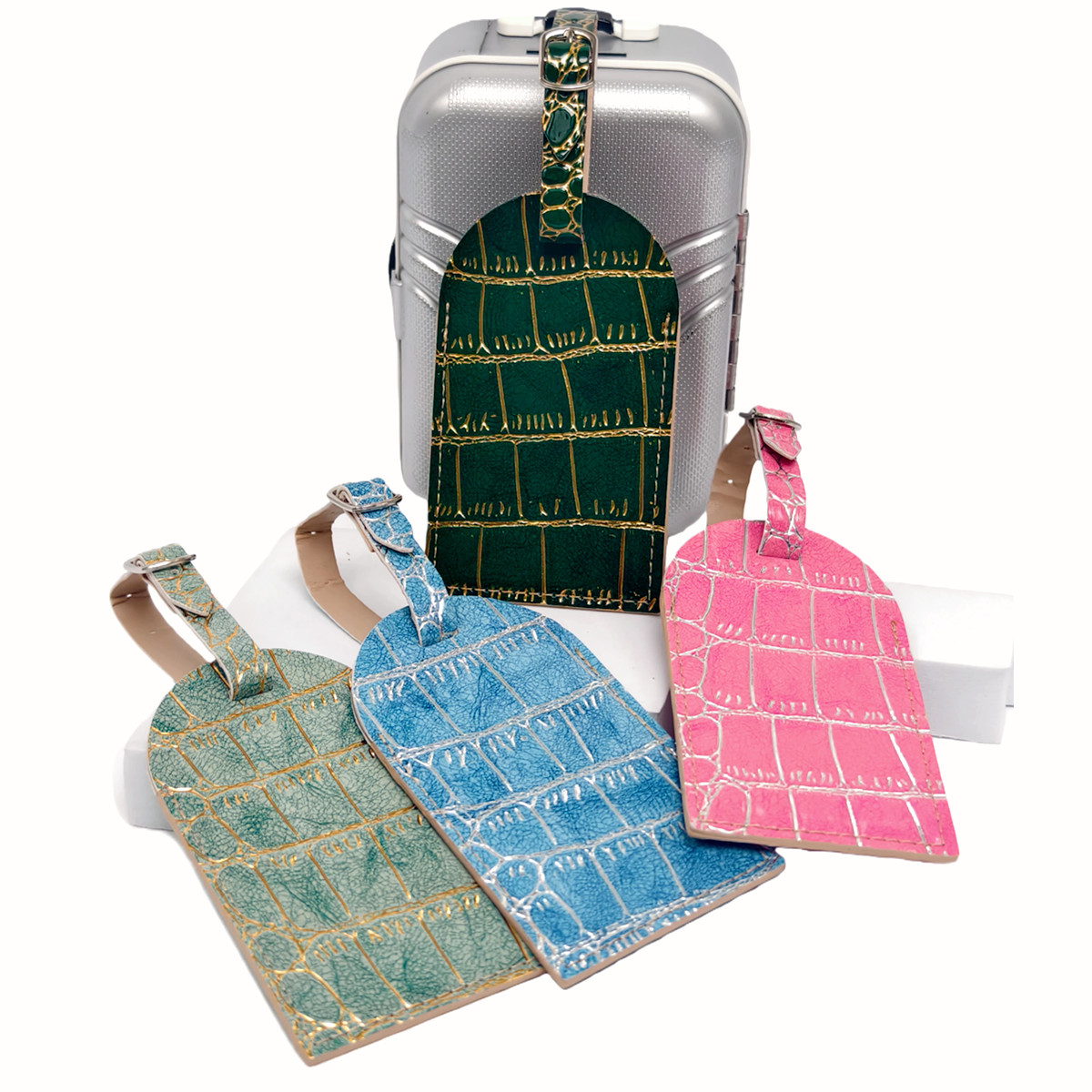 Luggage Tag Leather - 악어 무늬 금/은색 테두리 수하물 태그