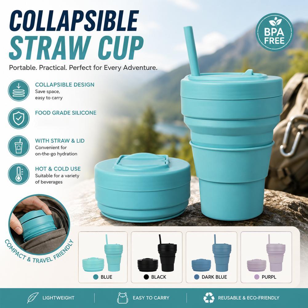 Water Bottle Collapsible - 밀짚 뚜껑이 있는 접이식 실리콘 커피