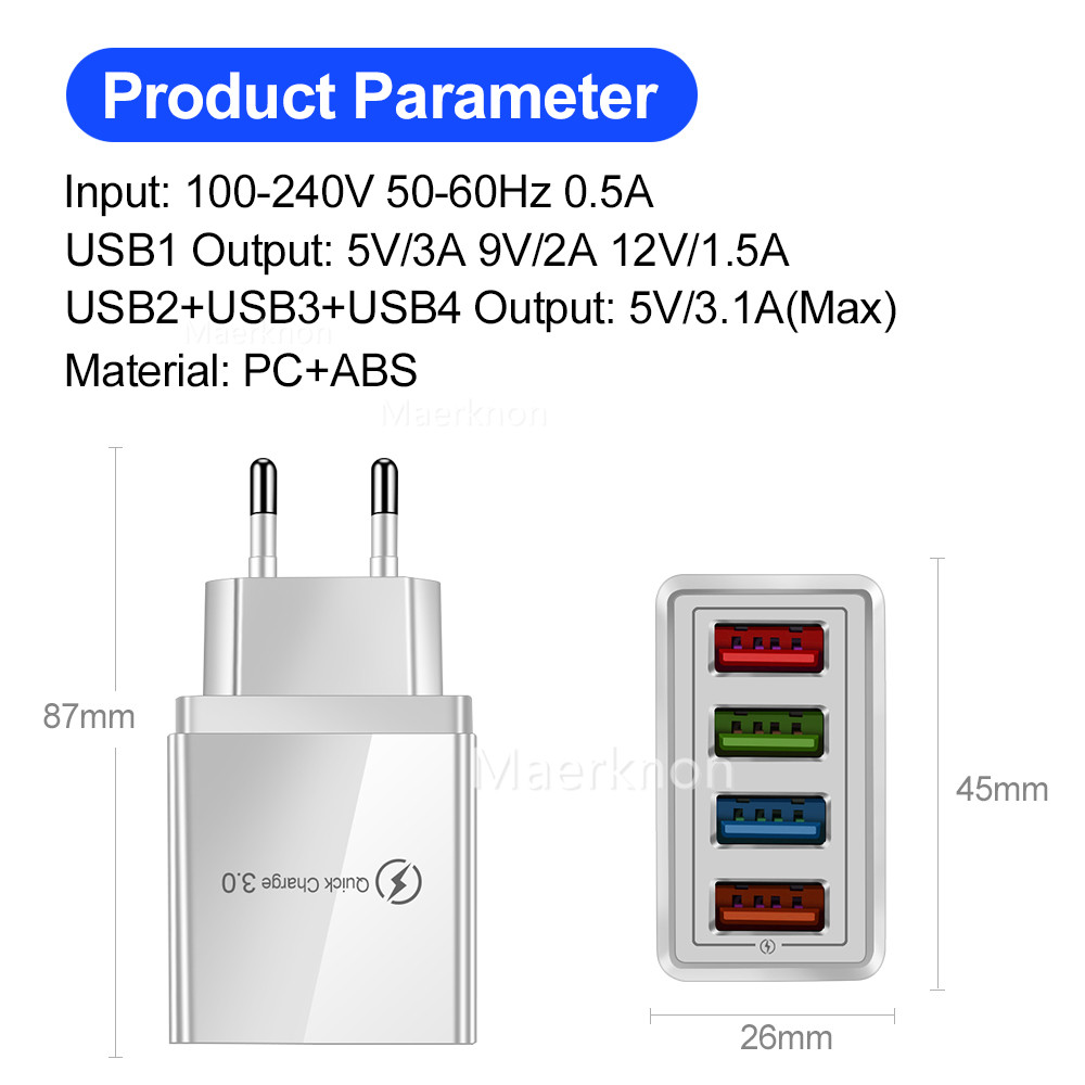 4개의 USB 고속 충전 헤드 EU/US 표준 어댑터  - Travel Accessories Inc 리뷰 및 가격